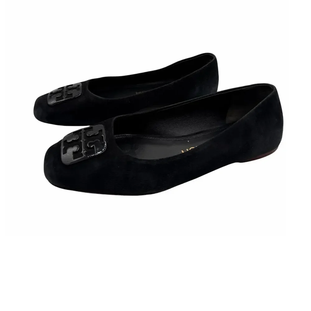 Tory Burch Gigi Ballet Flats Black Suede Square Toe Logo Size 8 Quiet Luxury